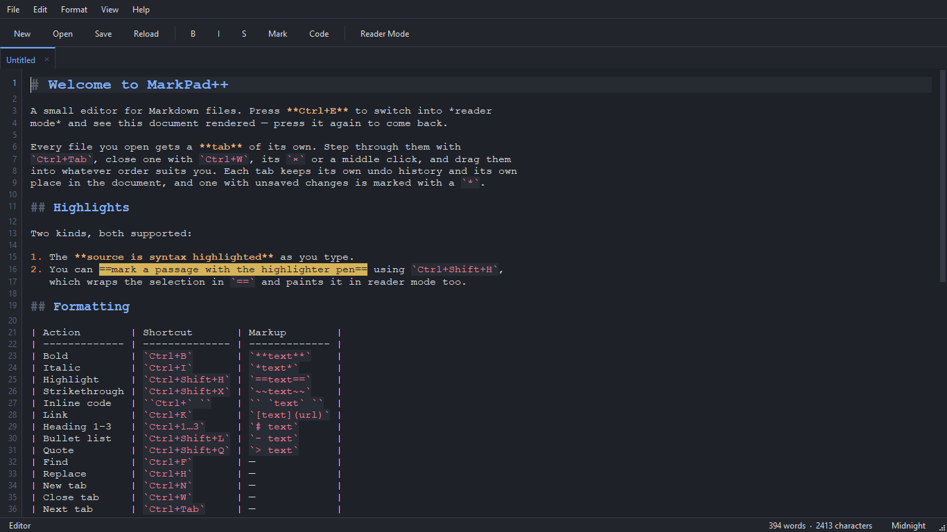 MarkPad++ editing a Markdown document in the dark theme, with syntax highlighting and a tab bar