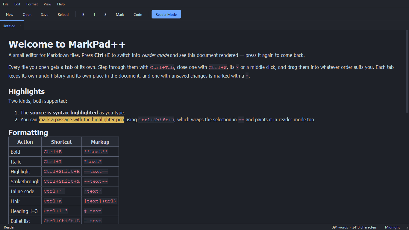 The same document in reader mode, rendered with headings, a table and a highlighted passage
