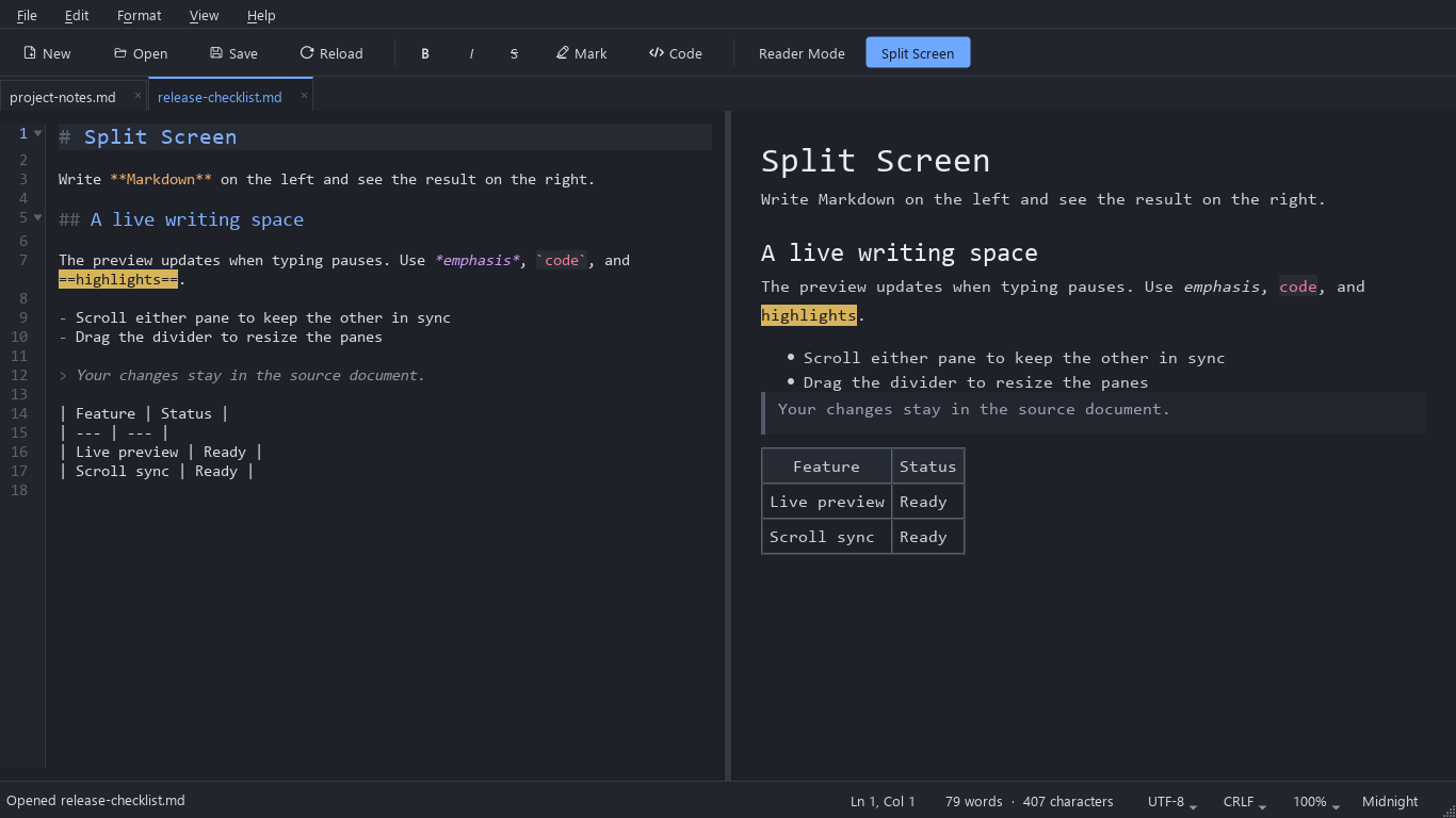 Розділений екран MarkPad++: документ Markdown ліворуч і його живий перегляд праворуч, із заголовками, виділеним словом, списком, цитатою й таблицею