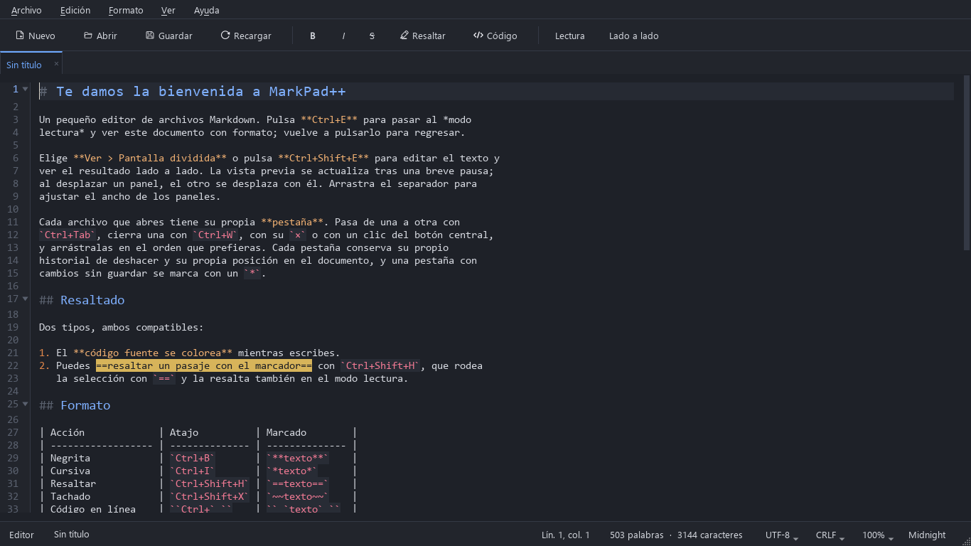 MarkPad++ en español editando el documento de bienvenida con el tema oscuro: resaltado de sintaxis, números de línea, marcadores de plegado y barra de estado