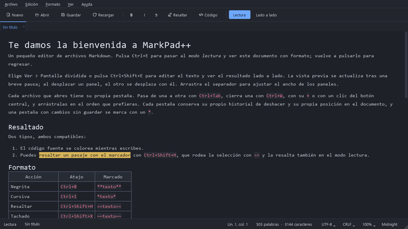 Modo lectura con el documento de bienvenida con formato: encabezados, un fragmento resaltado y una tabla de formato