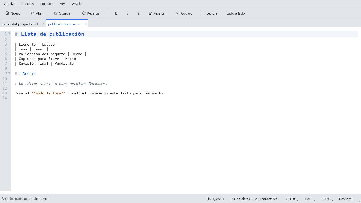 MarkPad++ con el tema claro, editando una tabla de Markdown y una cita