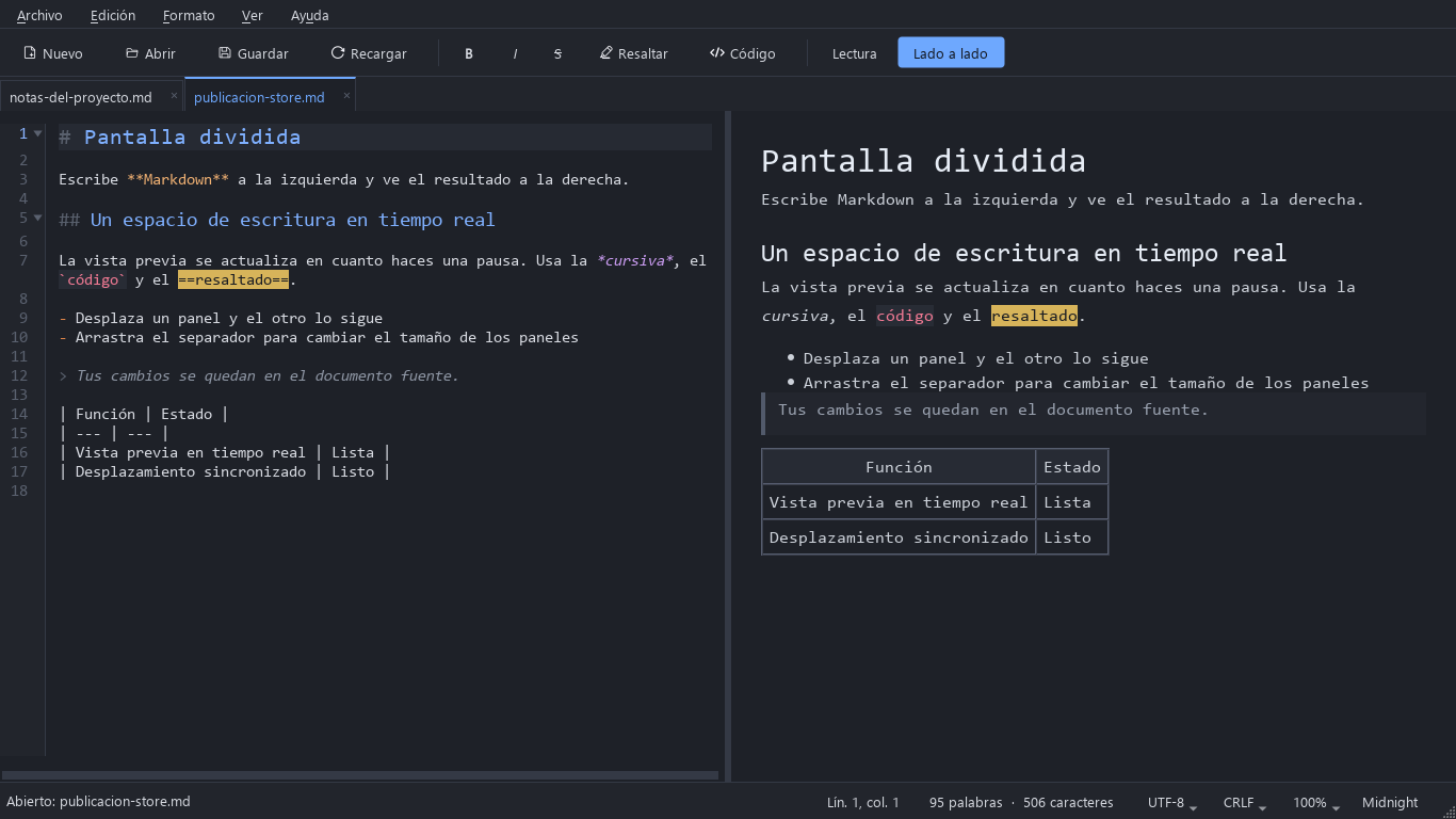 Pantalla dividida con el código Markdown a la izquierda y su vista previa en tiempo real a la derecha