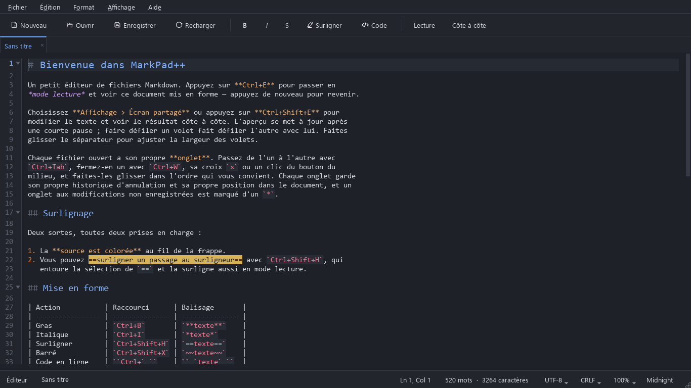 MarkPad++ en français, modifiant le document de bienvenue dans le thème sombre&nbsp;: coloration syntaxique, numéros de ligne, marqueurs de pliage et barre d'état