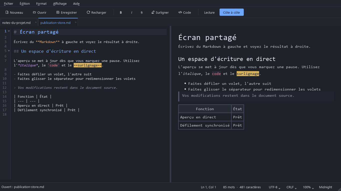 Écran partagé de MarkPad++&nbsp;: un document Markdown à gauche et son aperçu en direct à droite, avec des titres, un mot surligné, une liste, une citation et un tableau