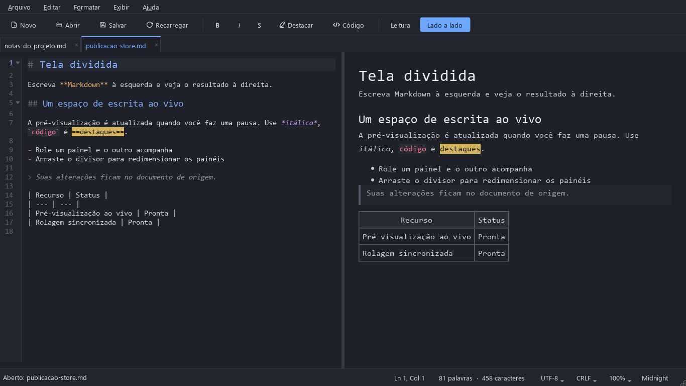 Tela dividida do MarkPad++: um documento Markdown à esquerda e a pré-visualização ao vivo à direita, com títulos, uma palavra destacada, uma lista, uma citação e uma tabela