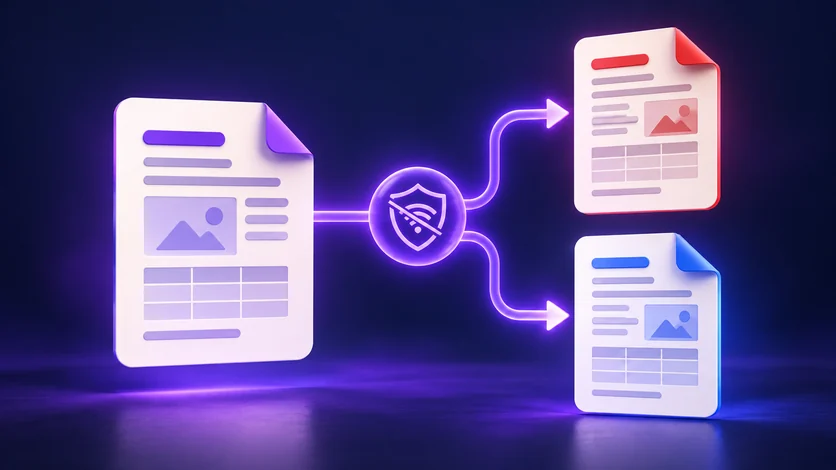 A Markdown document branching into two polished document formats through a secure offline path
