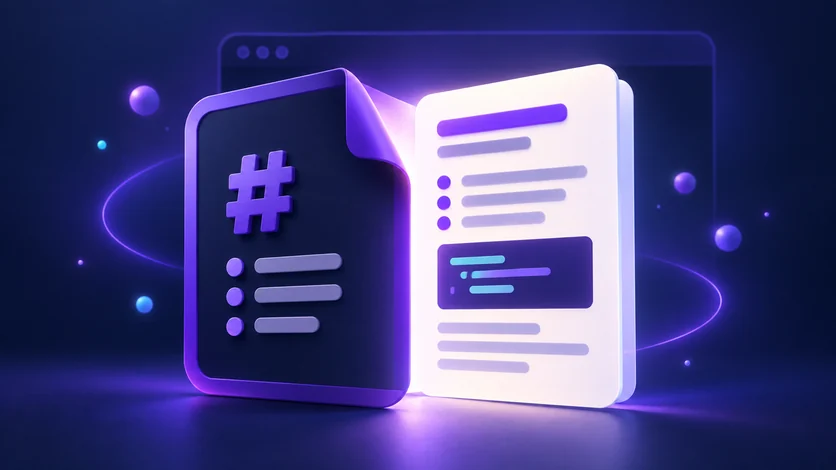 A Markdown source page unfolding into a clean formatted document